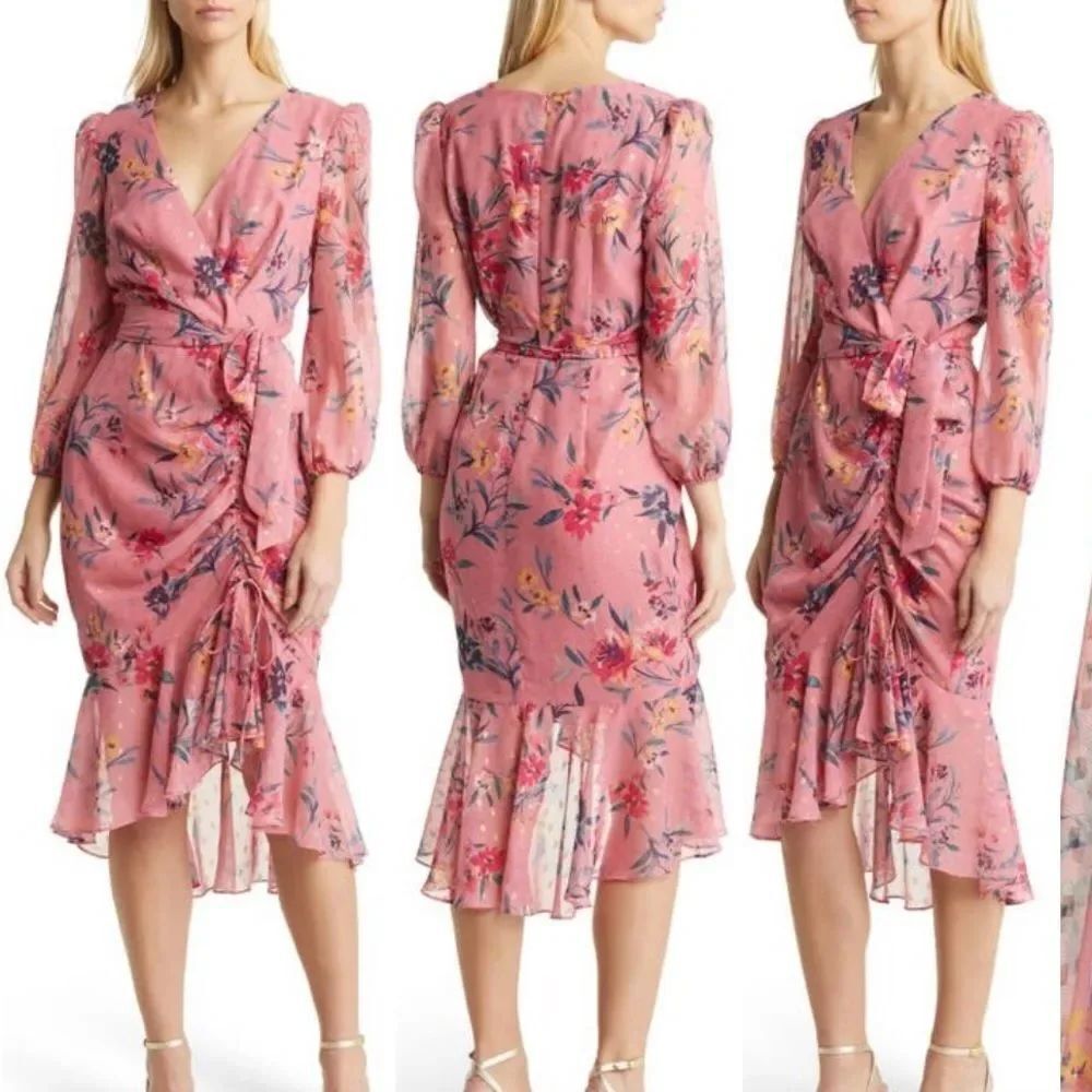 Eliza J Metallic Fleck Floral Long Sleeve Body-Con Dress